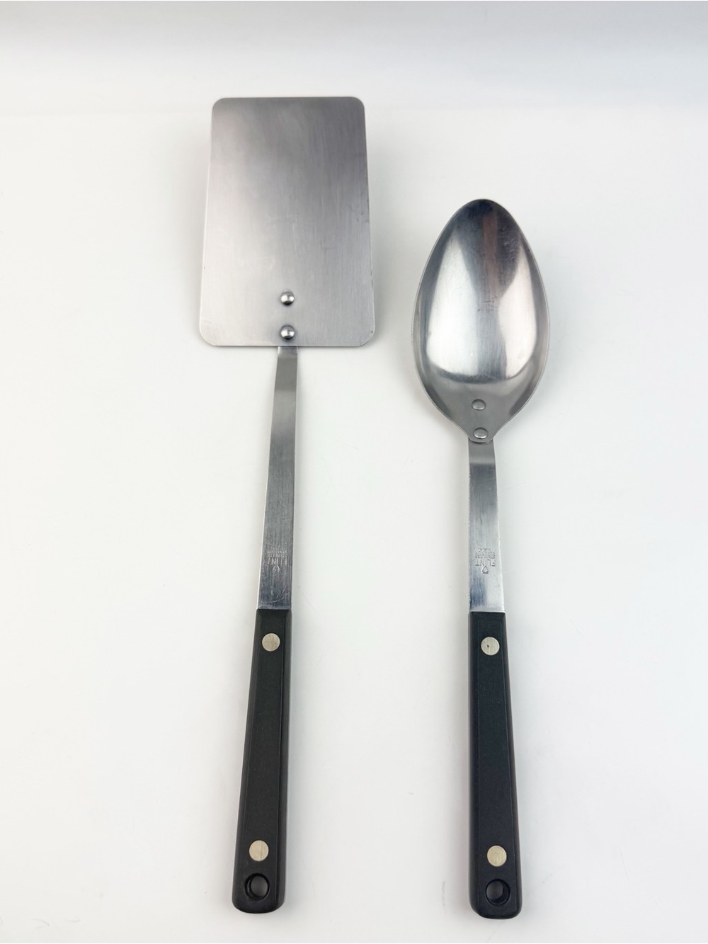 Vintage Flint Stainless Steel Large Spoon & Turner Spatula Set Black Handle MCM